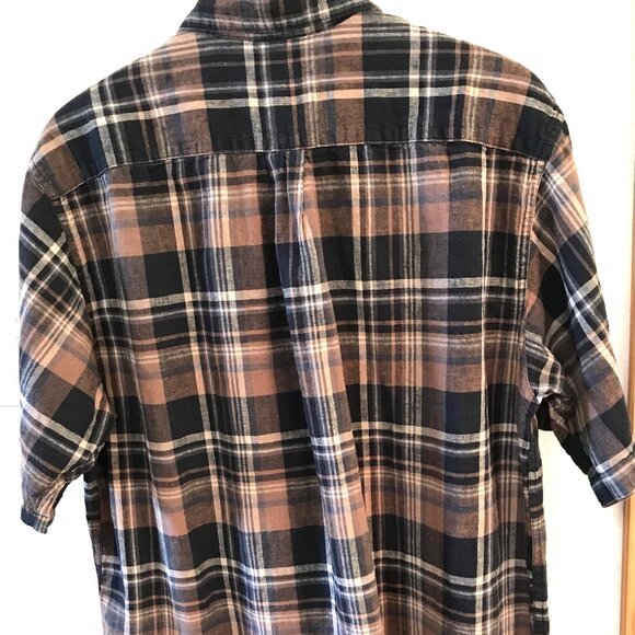 Izod Linen Blend Men's Shirt: Short-Sleeved Button-Down Brown Plaid, Size L - Picture 6 of 10
